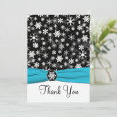 Black, White, Aqua Snowflakes Thank You Card-Flat Invitation (Standing Front)