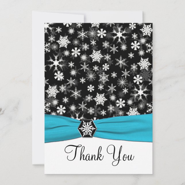 Black, White, Aqua Snowflakes Thank You Card-Flat Invitation (Front)