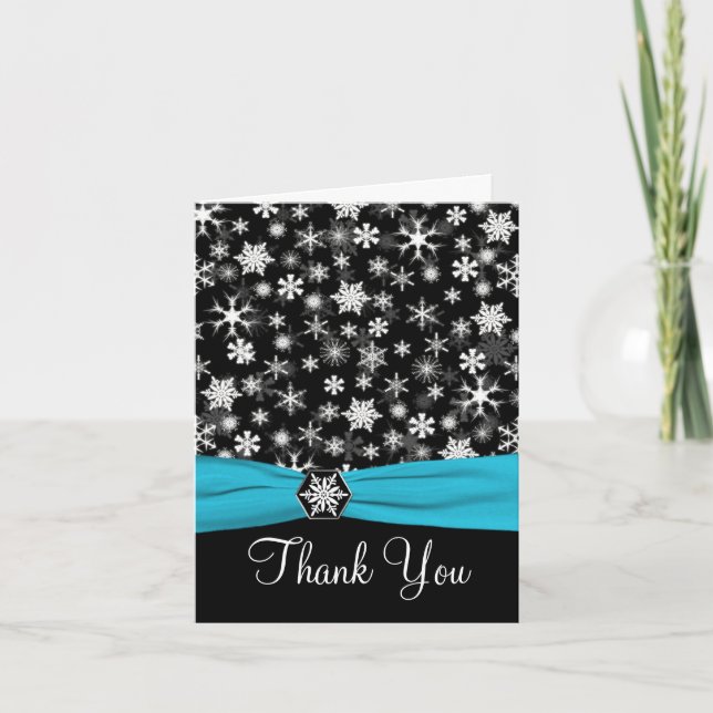 Black, White, Aqua Snowflakes Thank You Note Card (Front)