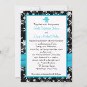 Black, White, Aqua Snowflakes Wedding Invitation (Back)