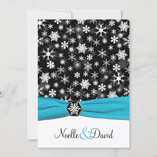 Black, White, Aqua Snowflakes Wedding Invitation (Front)
