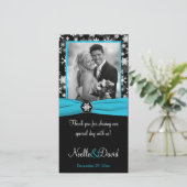 Black, White, Aqua Snowflakes Wedding Photo Card (Standing Front)