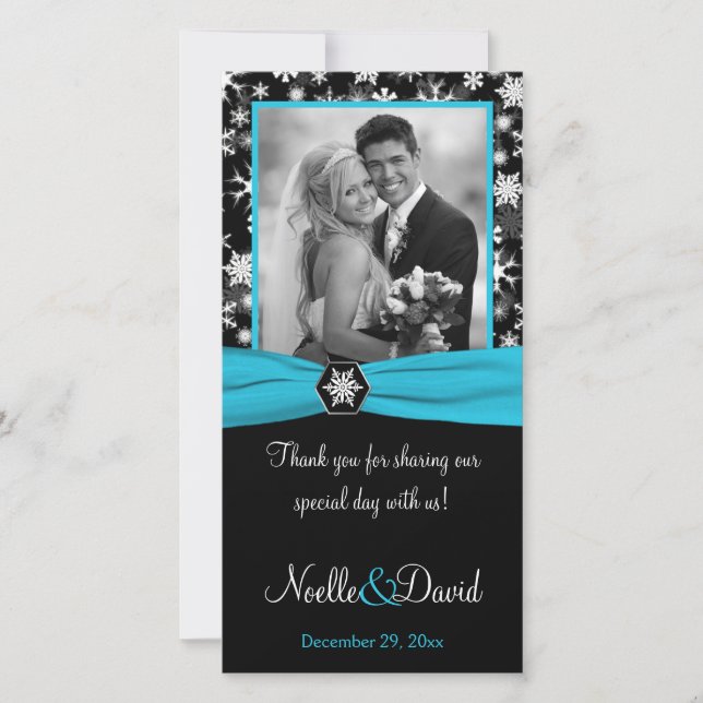Black, White, Aqua Snowflakes Wedding Photo Card (Front)