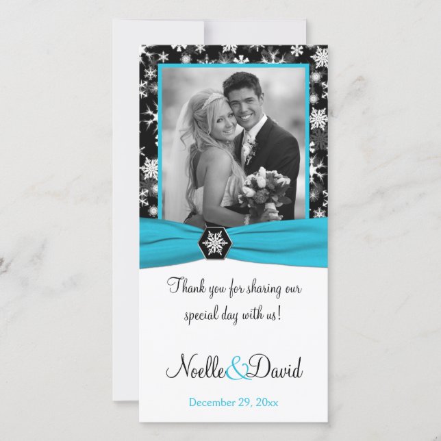 Black, White, Aqua Snowflakes Wedding Photo Card (Front)