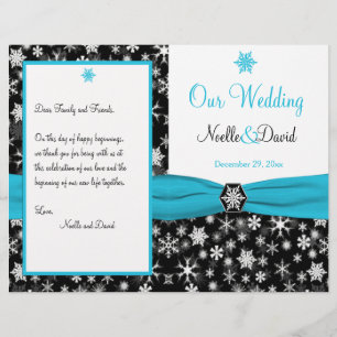 Black, White, Aqua Snowflakes Wedding Program