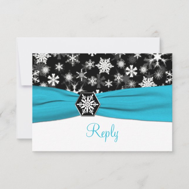 Black, White, Aqua Snowflakes Wedding Reply Card (Front)
