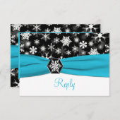 Black, White, Aqua Snowflakes Wedding Reply Card (Front/Back)