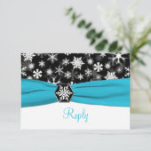 Black, White, Aqua Snowflakes Wedding Reply Card (Standing Front)