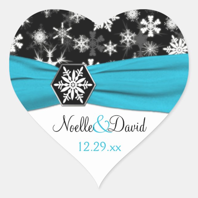 Black, White, Aqua Snowflakes Wedding Sticker (Front)