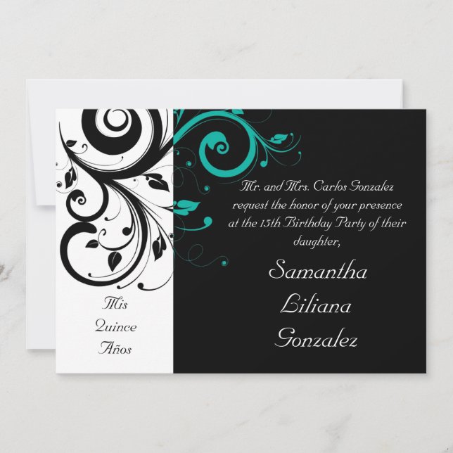 Black White Aqua Swirl Quinceañera Invitations (Front)