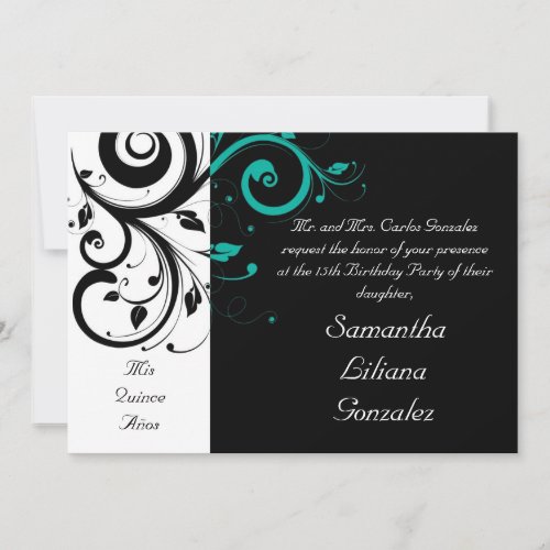 Black White Aqua Swirl Quinceañera Invitations