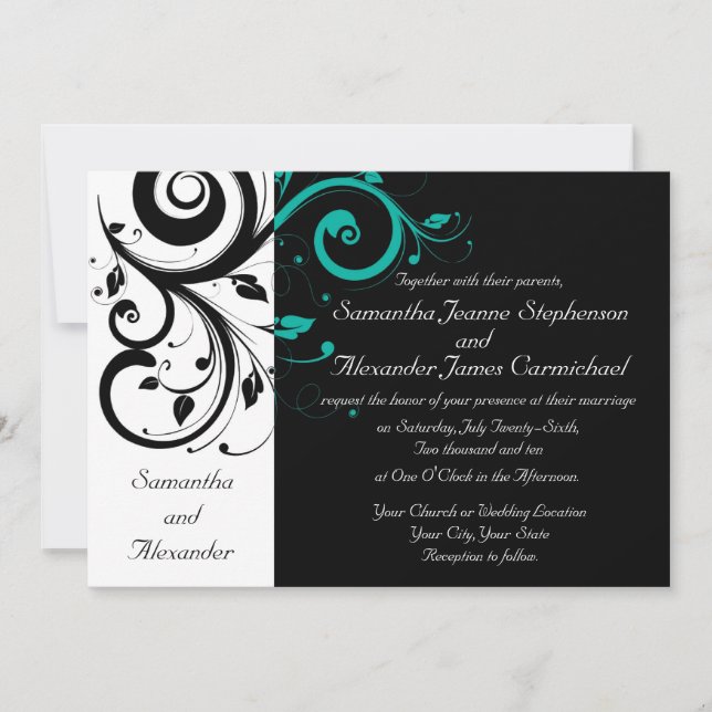 Black White Aqua Swirl Wedding Invitations (Front)