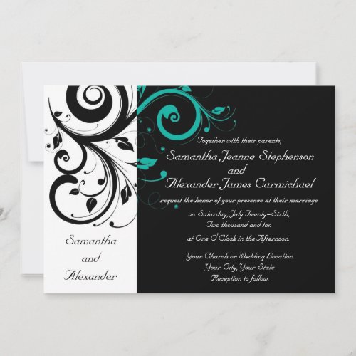 Black White Aqua Swirl Wedding Invitations