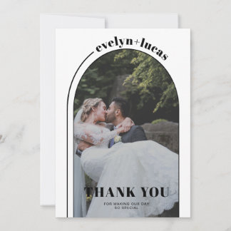 Black, white arch and typography photo wedding thank you card