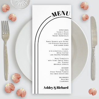 Black, white arch and typography wedding menu card