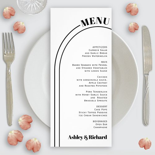 Black white arch and typography wedding menu card