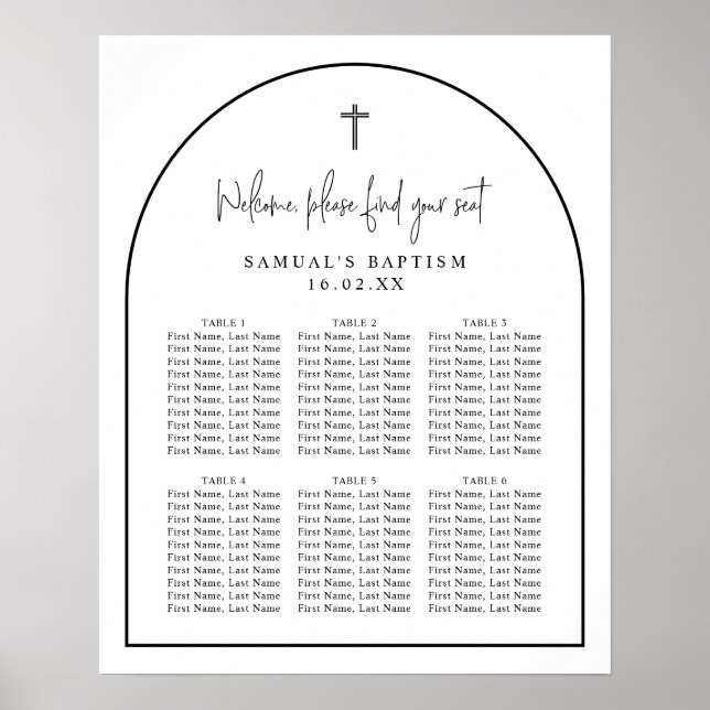 Black White Arch Minimalist Baptism Seating Chart (Front)