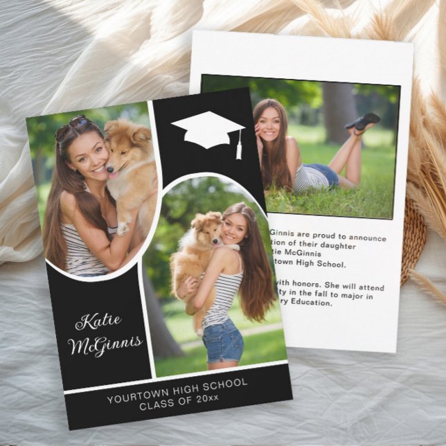 Black White Arch Photo Graduation Cap Announcement (Arch photo graduation announcements 5x7)