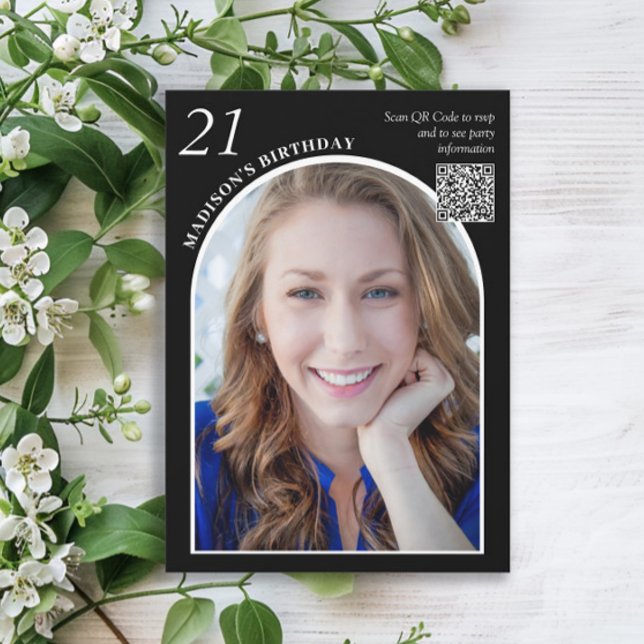 Black White Arch Photo QR Code 21st Birthday Invitation (Black and white photo arch 21st birthday party invitation with QR code)