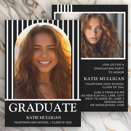 Black White Arch Stripes 2 Photo Graduation Invitation