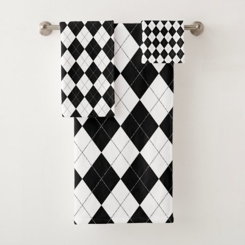 Black White Argyle Pattern Bath Towel Set