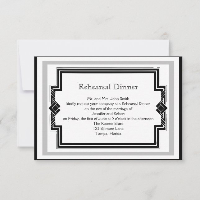 Black White Art Deco Frame Wedding Rehearsal Invitation (Front)