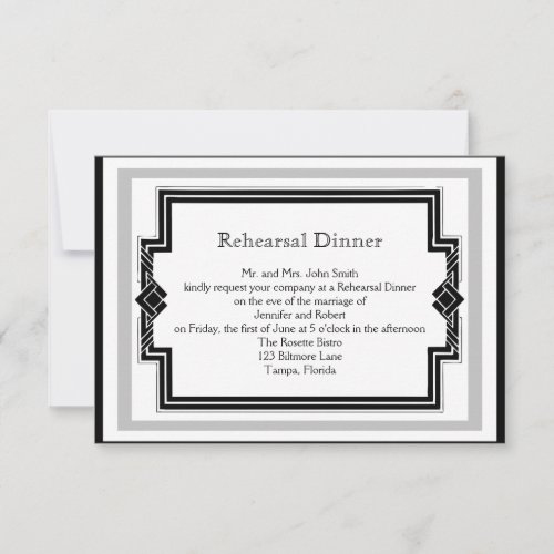 Black White Art Deco Frame Wedding Rehearsal Custom Invitations
