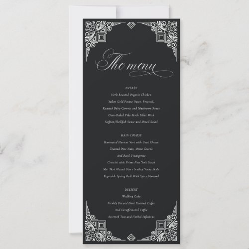Black White Art Deco Ornate Wedding Menu Card