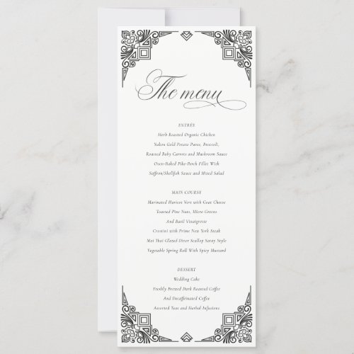 Black White Art Deco Ornate Wedding Menu Card