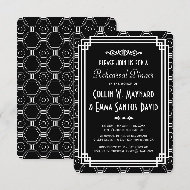Black & White Art Deco Rehearsal Dinner Invites (Front/Back)