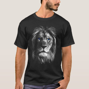 Black & White Art Lion Head With Blue Eyes T-Shirt