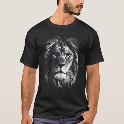Black  White Art Lion Head With Blue Eyes T_Shirt