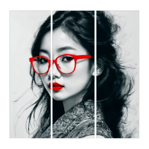 Black White Asian Lady 3 Set Canvas Triphych Art