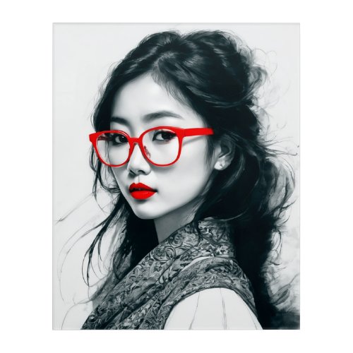 Black White Asian Lady Portrait Red Lips And Glass Acrylic Print