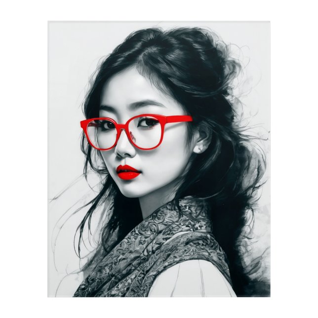 Black White Asian Lady Portrait Red Lips And Glass Acrylic Print (Front)