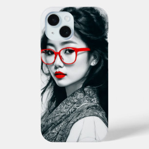 Black White Asian Lady Portrait Red Lips And Glass iPhone 15 Case