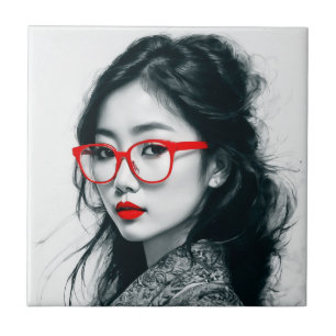 Black White Asian Lady Portrait Red Lips And Glass Ceramic Tile