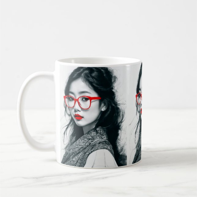 Black White Asian Lady Portrait Red Lips And Glass Coffee Mug (Left)