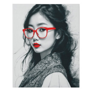 Black White Asian Lady Portrait Red Lips And Glass Faux Canvas Print