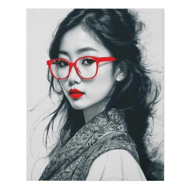 Black White Asian Lady Portrait Red Lips And Glass Faux Canvas Print (Front)