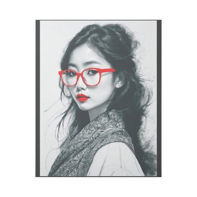 Black White Asian Lady Portrait Red Lips And Glass Gallery Wrap (Front)
