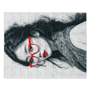 Black White Asian Lady Portrait Red Lips And Glass Jigsaw Puzzle
