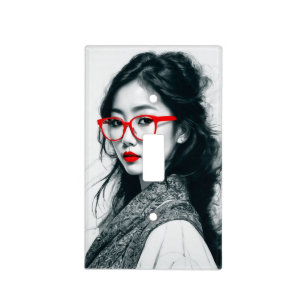 Black White Asian Lady Portrait Red Lips And Glass Light Switch Cover