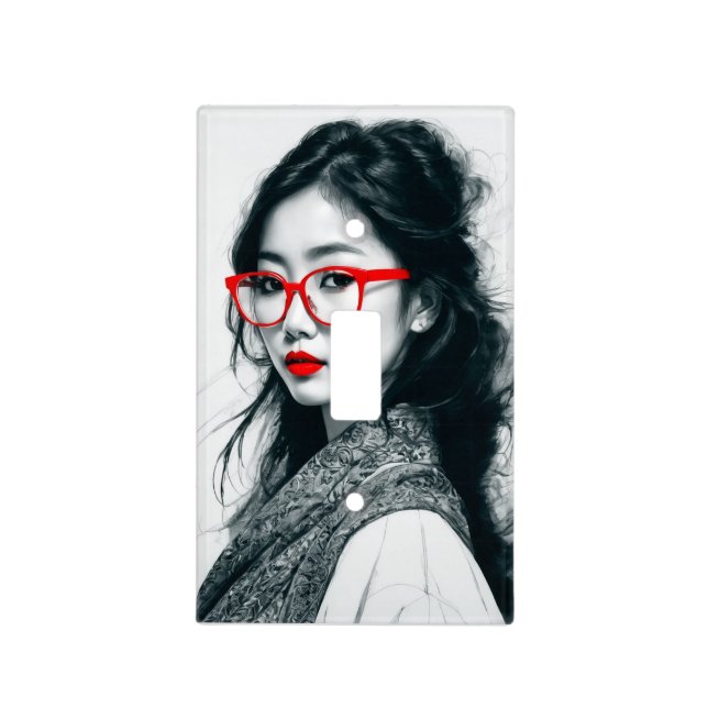 Black White Asian Lady Portrait Red Lips And Glass Light Switch Cover (Front)