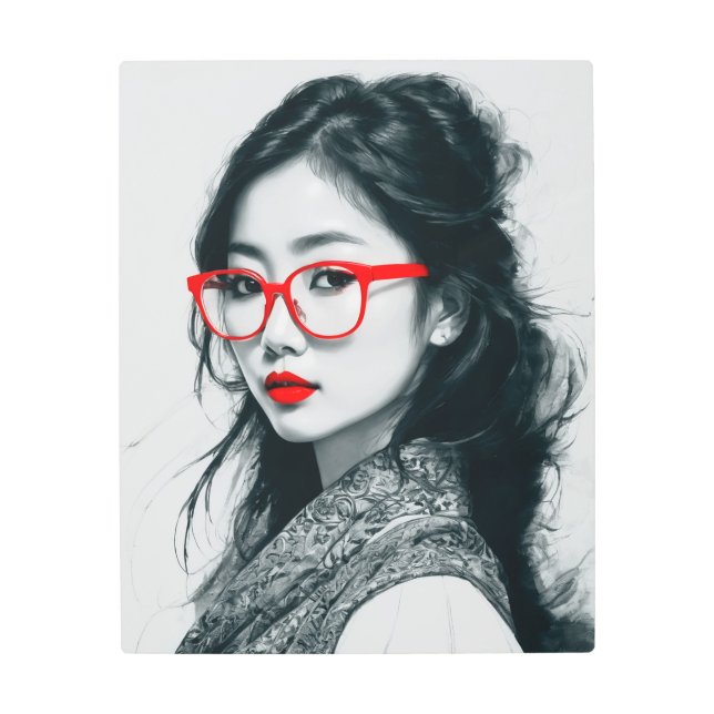 Black White Asian Lady Portrait Red Lips And Glass Metal Print (Front)