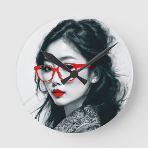 Black White Asian Lady Portrait Red Lips And Glass Round Clock