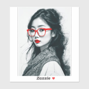 Black White Asian Lady Portrait Red Lips And Glass Sticker