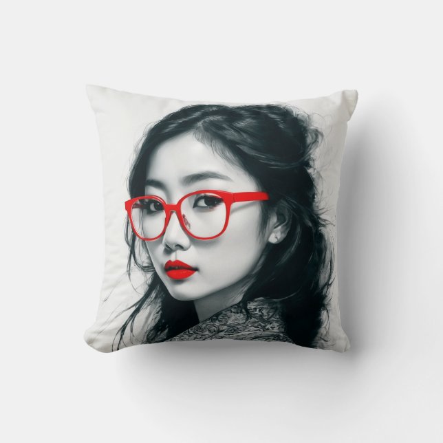 Black White Asian Lady Portrait Red Lips And Glass Throw Pillow (Front)