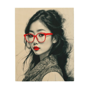 Black White Asian Lady Portrait Red Lips And Glass Wood Wall Art
