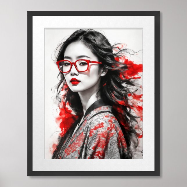 Black White Asian Woman Woman Drawing Framed Art (Framed Front)